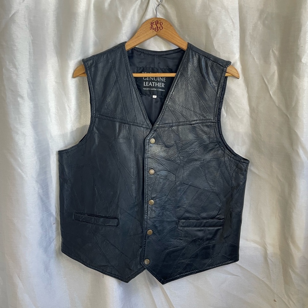 Black Leather Patchwork Sleeveless Moto Biker Vest